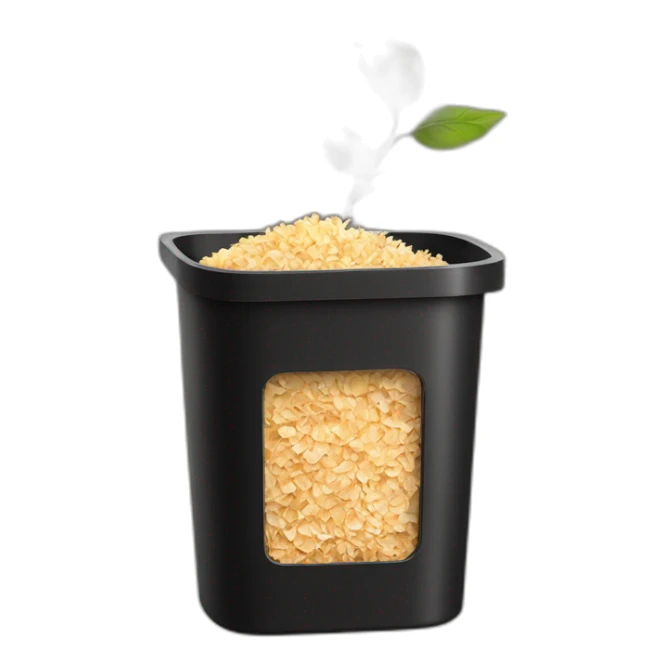 Black cubic plastic container with wood shavings inside, and a white tube with three branches at the top  sticker