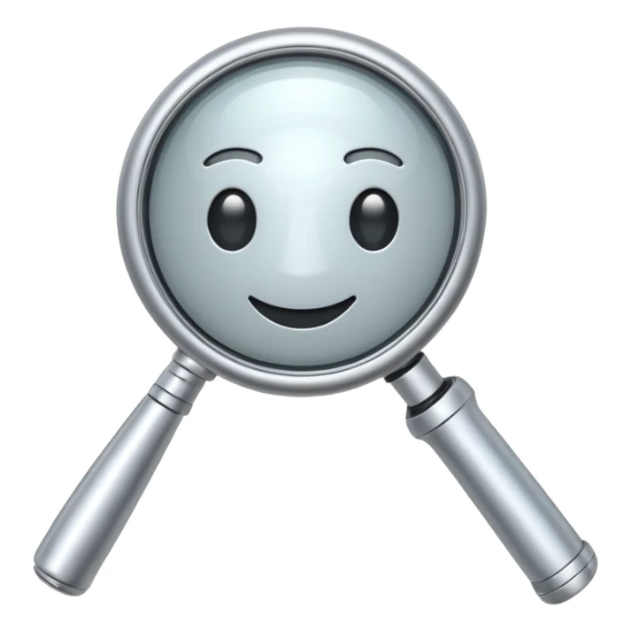 mechanical magnifying glass with robotic handle and metallic frame, cheerful and clear, emoji style, no text sticker