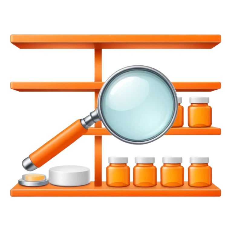 front view magnifying glass over orange beauty product shelf searching for last item sticker