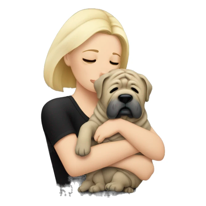 Blonde woman in black top crying and cuddling grey Shar Pei  sticker