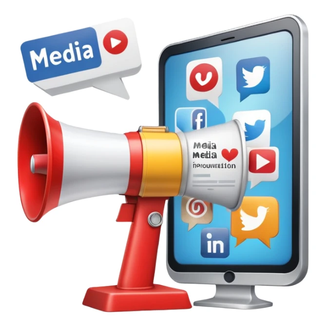 An icon featuring a megaphone, a billboard, and social media icons, symbolizing advertising and public relations. The design includes a press release and a rising graph, representing brand promotion and communication strategies. Transparent background highlights media influence and outreach. sticker