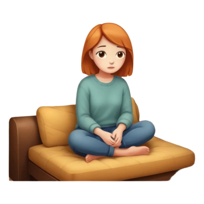 26-year-old woman sitting alone in a cozy apartment, looking a bit lonely, soft lighting, subtle expression of solitude sticker