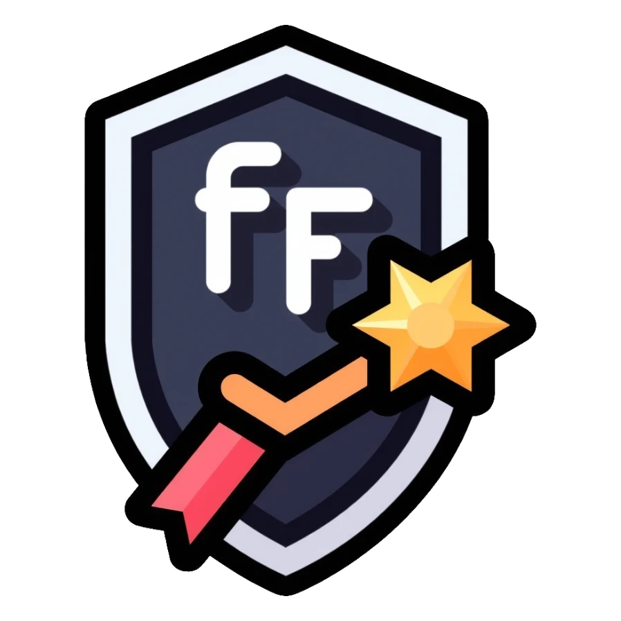 Gaming achievement badge with FF and a verification checkmark, gaming medal style, esports badge sticker