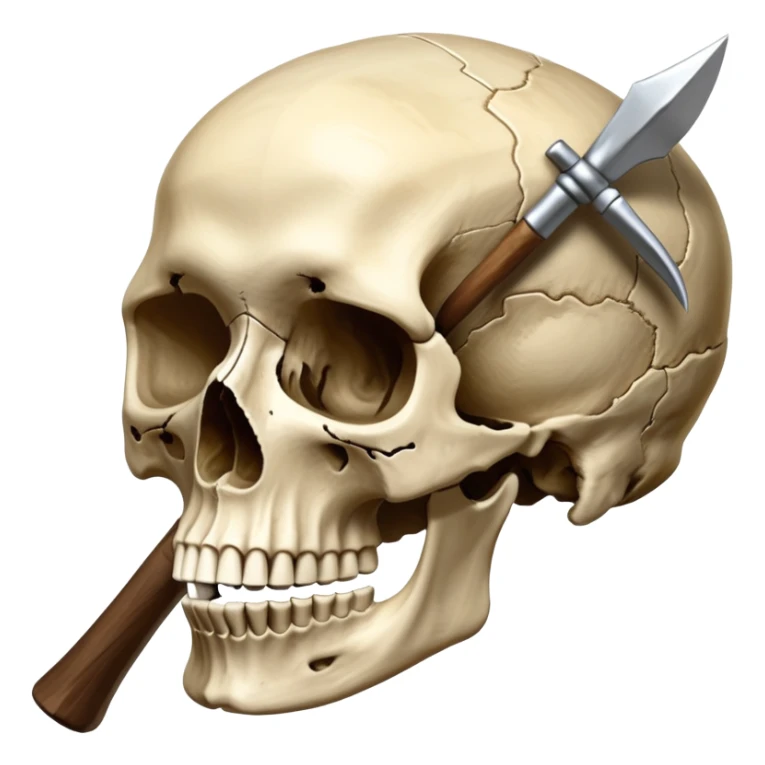 An icon featuring a human skull and fossilized bones, symbolizing the study of anthropology. The design includes archaeological tools like a pickaxe and brush, with a background of ancient artifacts and a globe. Transparent background emphasizes the exploration of human history and evolution. sticker