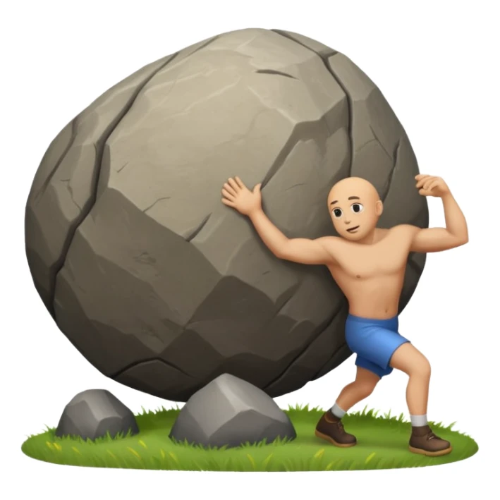 Sisyphus pushing a large boulder up a hill, emoji style sticker
