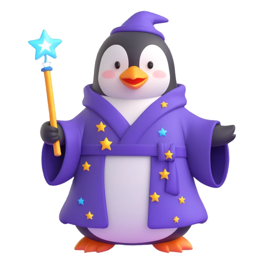 penguin wizard with a starry robe and a glowing wand sticker