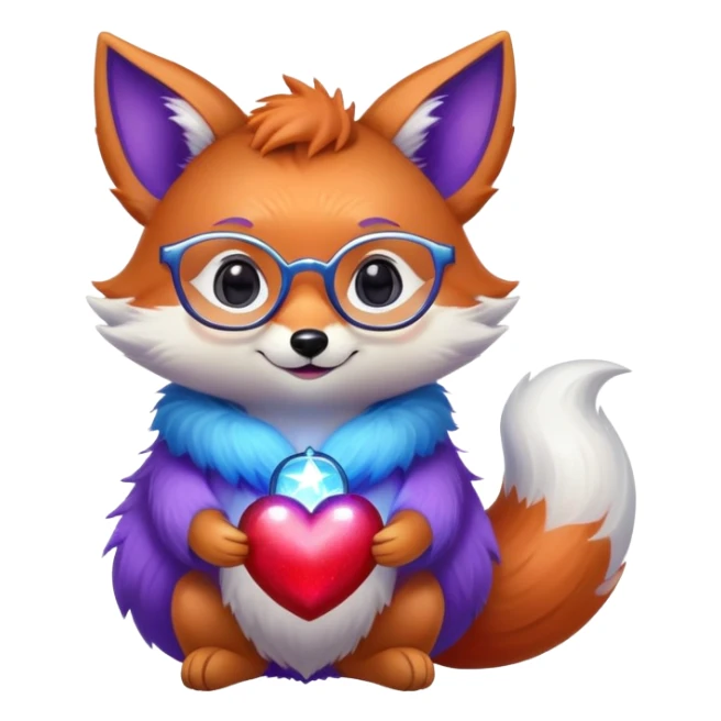A small magical fox with shimmering purple and blue fur, a glowing fluffy tail, a silver star on its forehead, and round glasses, holding a tiny magical lantern, hugging a big red heart and smiling warmly. 🦊❤️ sticker