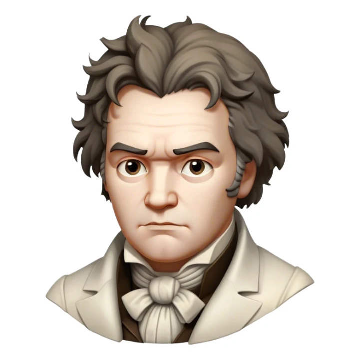 Cinematic Realistic Beethoven Pop Culture Emoji, featuring an evocative portrayal of the legendary composer rendered with delicate textures and emotive lighting. sticker