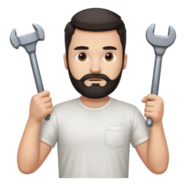  guy who looks very handsome, he has a dark beard, wears a white tee shirt and holds a wrench in one hand and a black hammer in the other hand sticker