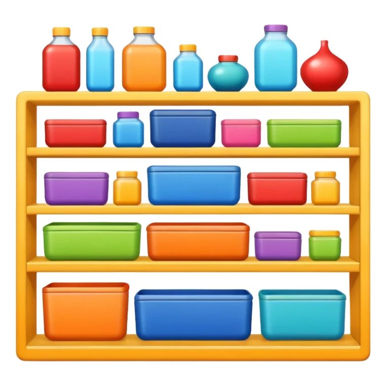 "Each product is stocked in multiple units placed directly behind one another on the same shelf, forming deep horizontal lines of identical items, while different product types are arranged vertically in separate columns." sticker