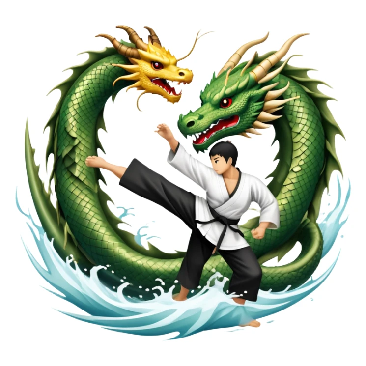 An icon symbolizing Eastern martial arts in the style of an emblem, featuring a black-and-white Yin-Yang symbol at the center and a powerful dragon wrapping around it. A martial artist is performing a fluid kick, surrounded by elements like a dojo and bamboo. Transparent background sticker