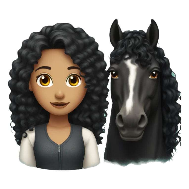  girl, long black curly hair, next to a black spanish horse sticker