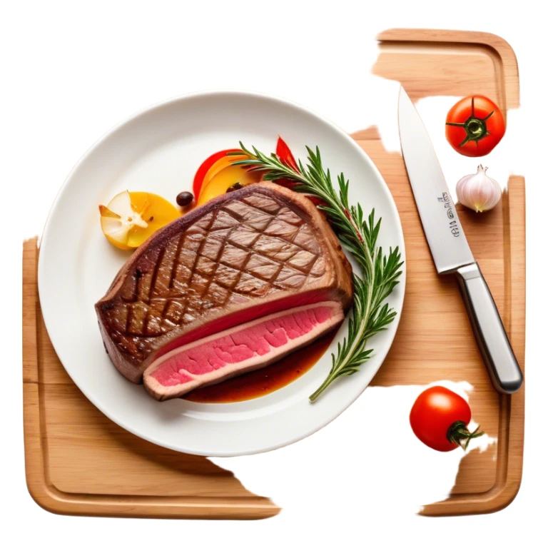 A photorealistic icon featuring a chef's hat, a cutting board with fresh ingredients, a knife, a plate with a well-plated dish, and a beautiful ribeye beef steak. Bright, detailed design with realistic textures and lighting. Transparent background, clearly symbolizing cooking and culinary arts. sticker
