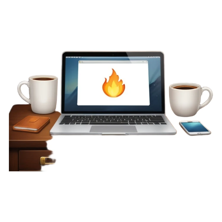 Open laptop on a desk next to a steaming coffee mug sticker