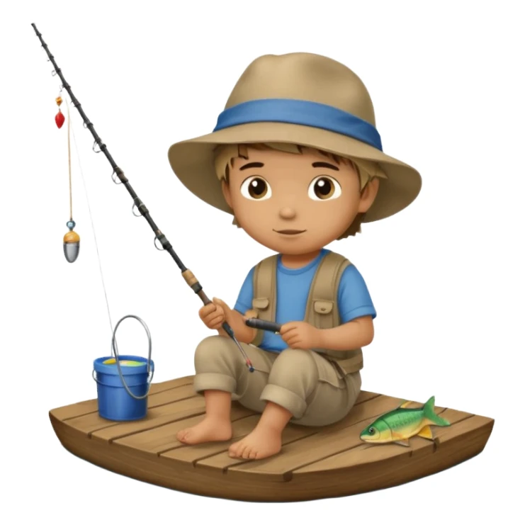 Little boy sitting on the dock fishing, felt texture, scrapbooking sticker