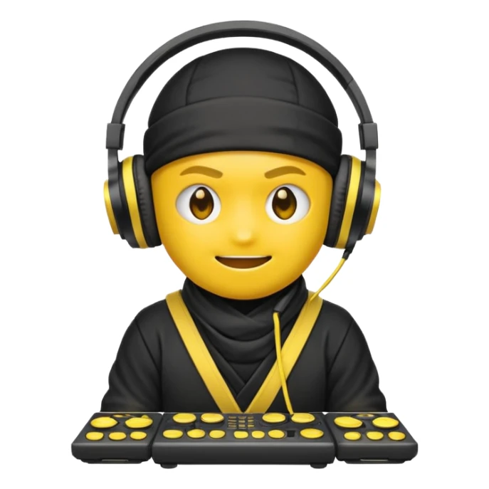 Make a customized yellow  emoji that has dj headphones on and a ninja outfit sticker