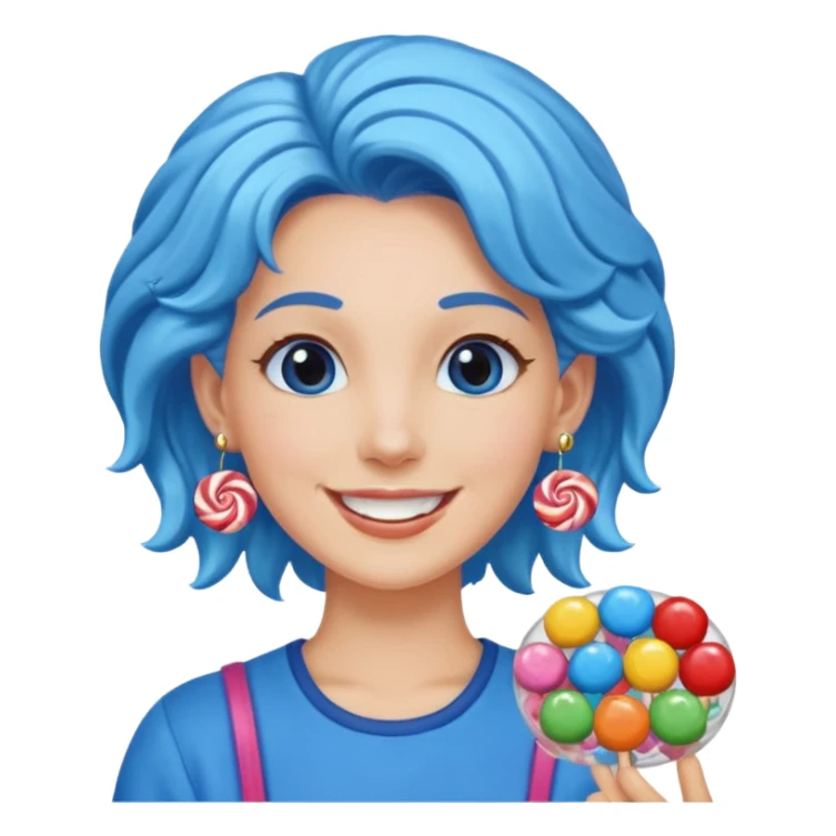 candy shop vendor, looking like candy with candy earrings and candy hair with big smile and blue sticker