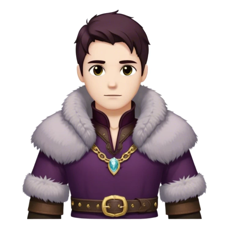 Medieval winter outfit worn by a DnD themed fantasy male character. Thick deep plum wool tunic with ermine fur trim at collar and sleeves, fastened with intricate gold-plated clasps and a heavy tooled leather belt. Clothes only above the waist, full waist coverage. The character has no arms. Character is white-skinned with dark auburn hair, misty gray eyes, and shoulder-length hair with crystalline frost at the tips. sticker