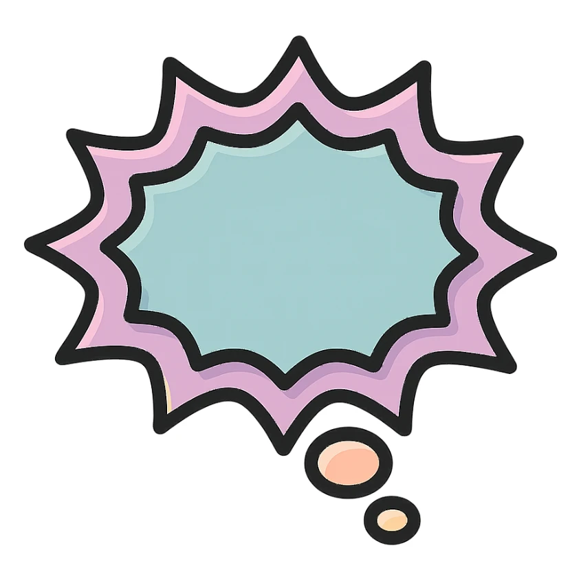 thought cloud with pointed edges, well detailed, detailed shadows and highlights, thin clean contours, soft rounded shapes, pastel palette #98B5BC, #B5B3C1, #C9A3C9, #E4C0CA, #F7DCD1, #F7C0AA, modern Japanese pop art and sticker aesthetic, soft lighting, transparent background sticker