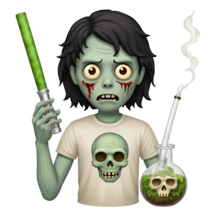 black wavy haired zombie getting stoned with weed t shirt and bong on his hand sticker