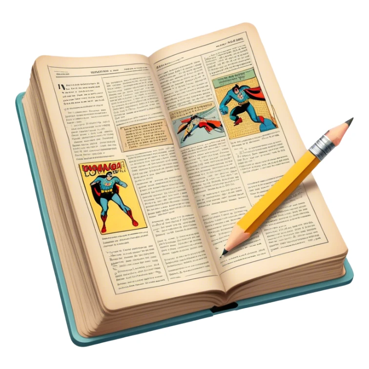 Create a detailed emoji representing the process of writing texts for comic books. The design should feature a large, open comic book with vintage comic strips visible on its pages. A pencil should be shown writing text on one of the comic panels, but without a hand. The pencil should appear as though it is actively creating the dialogue or narration. Use a classic color palette with muted tones for the comic book and brighter accents on the pencil to draw attention to the writing process. Do not include any emojis or smiley faces. Make the background transparent. sticker
