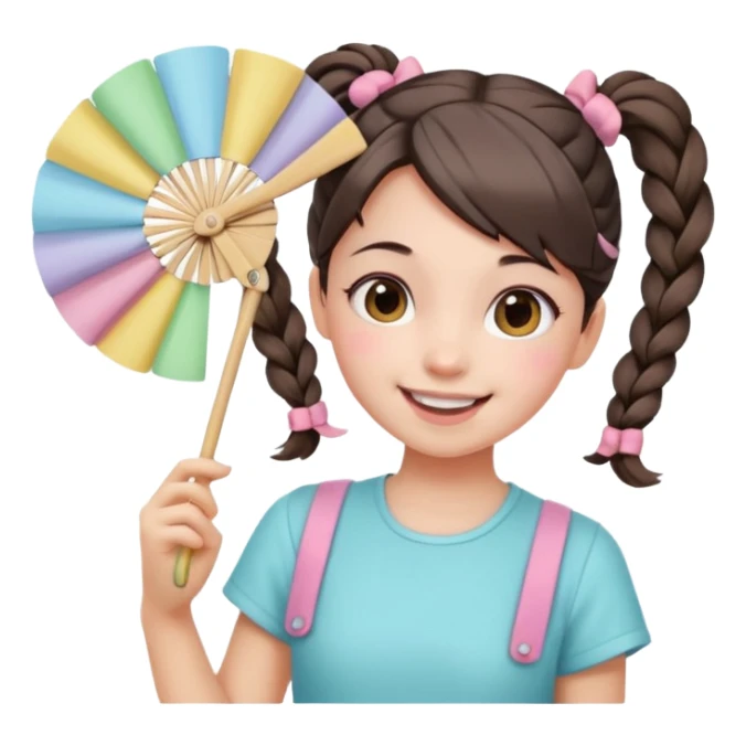 A pigtail girl in modern outfit using a pastel fan with playful expression. sticker