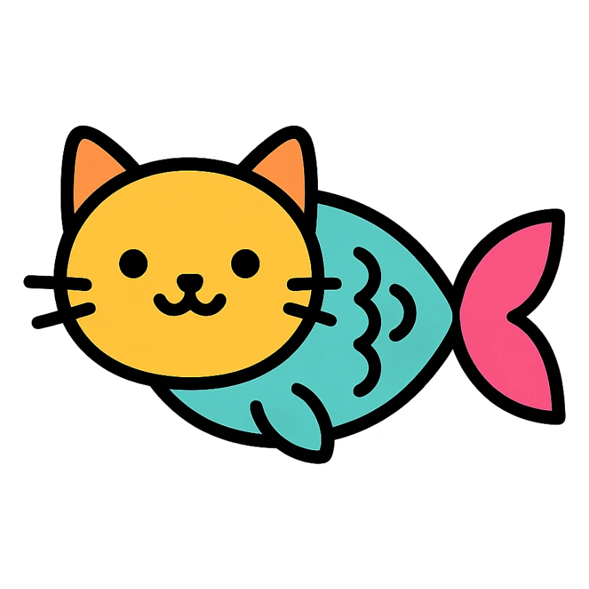 cute and whimsical cat that looks like a fish, blending feline and fish features, colorful icon style sticker