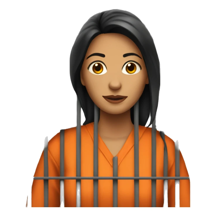 Prisoner woman behind bars, orange jumpsuit. Dark hair sticker