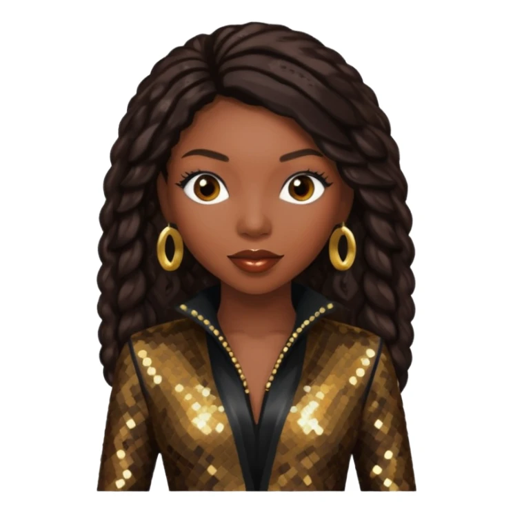 Brandy Norwood with long dark brown hair, dark brown sequin outfit sticker