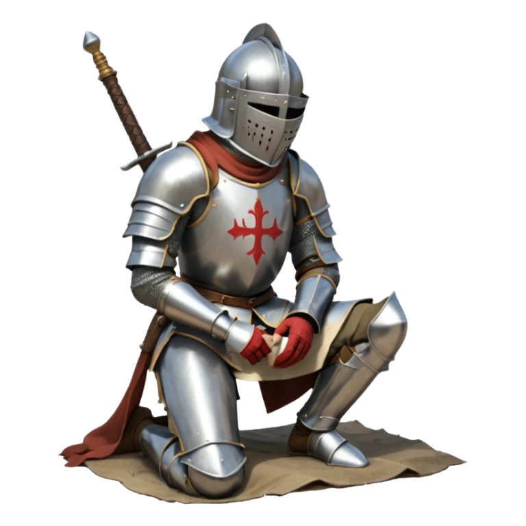 A lone medieval knight in plate, worn armor kneels. His helmet is closed, hiding his face, conveying silence, exhaustion and contemplation. A long sword is planted in the ground beside him, its hilt resting near his gloved hands as if he is praying or resting after battle. sticker