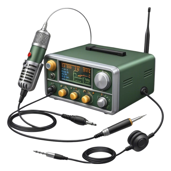 A photorealistic icon featuring a ham radio transceiver, headphones, microphone, antenna, and radio equipment like soldering tools and cables. The design includes detailed textures and realistic lighting, symbolizing the passion for amateur radio and communication. Transparent background. sticker