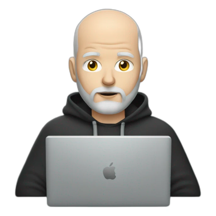 bald white man with a grey beard typing on apple computer wearing a black hoodie sticker