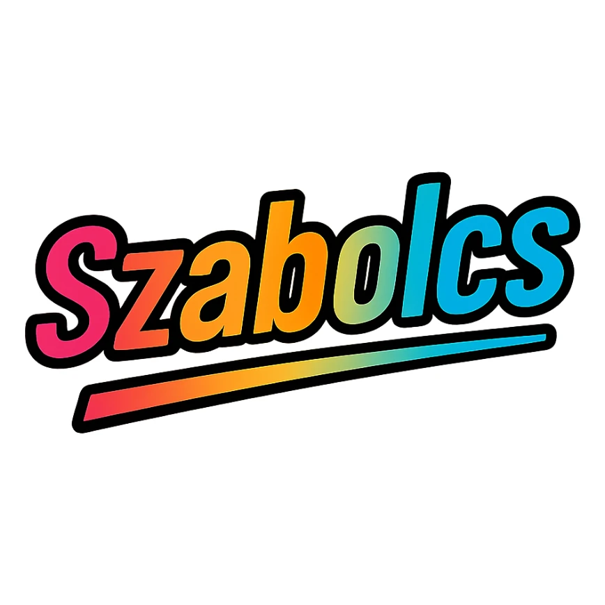 modern colorful gradient typography of the name Szabolcs with dark outline, dynamic slanted or partial underline, transparent background, in the style of reference patterns sticker