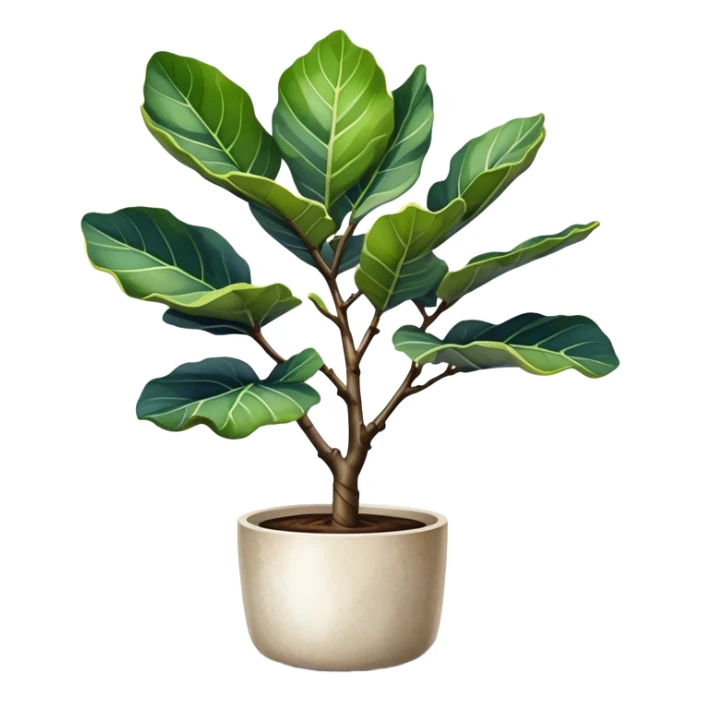 An elegant fiddle-leaf fig tree in a modern minimalist pot, painted in watercolor with realistic shadows and highlights. sticker