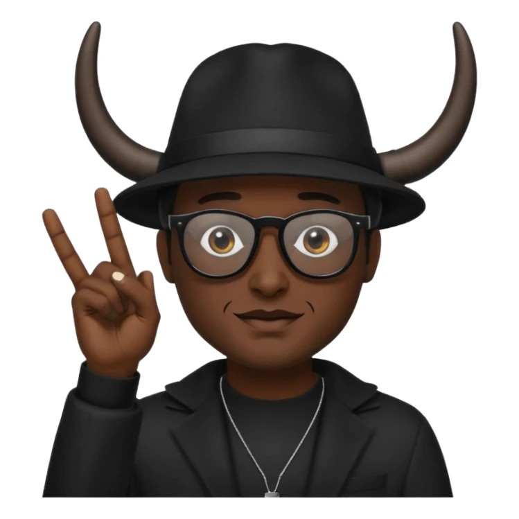 man dressed in black with dark glasses black Lens and a black hat hwo making the horns gesture on each  hands sticker