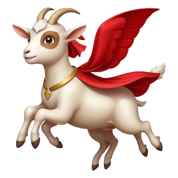 side view of white female goat wearing a read cape like superman sticker