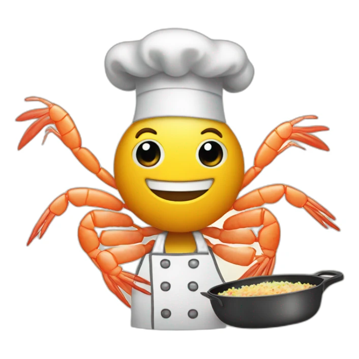 shrimp dressed as a cook cooking fried rice in a skillet sticker