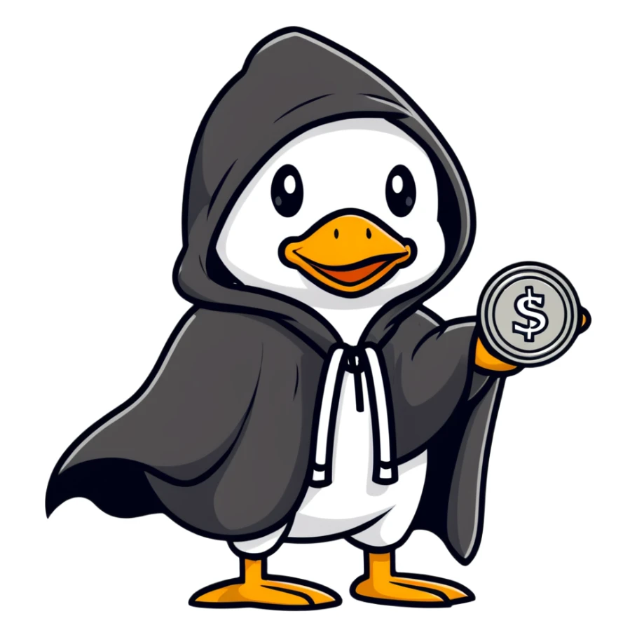 A cool duck wearing a black hooded cloak holding a silver coin sticker
