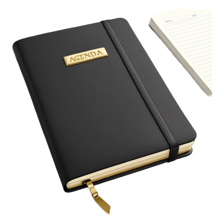 A closed black Moleskine notebook with 'AGENDA' embossed on the cover, professional meeting planner sticker