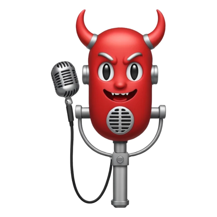 Minimalist emoji-style sticker of a classic retro microphone with small devil horns and a subtle tail wrapping the base. Grayscale with slight red accents.
 sticker