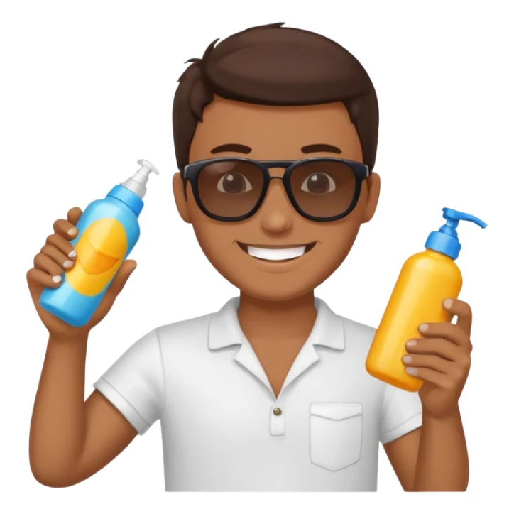 
male brunet suncream bottle and sunglasses sticker