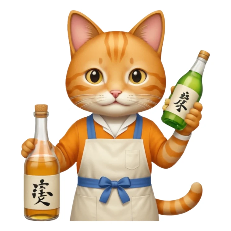 cool cat wearing an apron holding a bottle of sake sticker