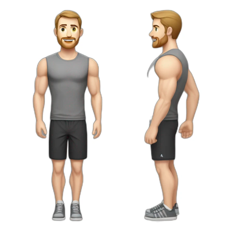 Full height Pale skinned muscular man With Realistic eyes and mouth, light brown hair and stubble In dark gray sleeveless mike, black oversize sports shorts, watch and white sneakers. sticker