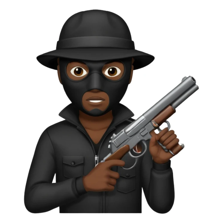 A black male in a robber mask with a gun sticker