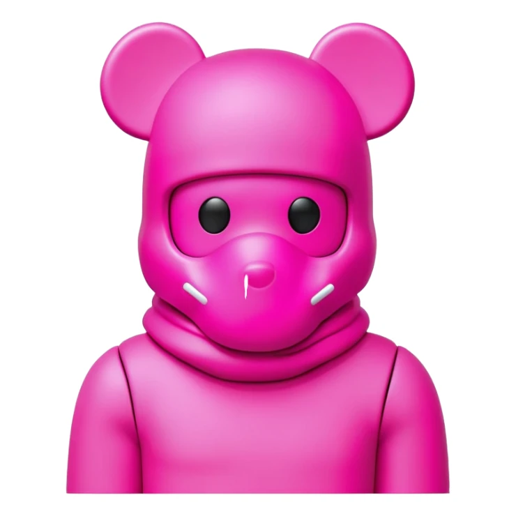 Bearbrick figure with KAWS-style X eyes, wearing a neon pink ski mask balaclava covering most of the face except for the X eyes sticker