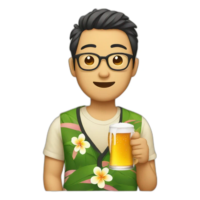 Japanese wearing glasses alohashirt is holding beer sticker