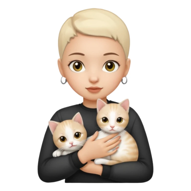 WHITE CAT, HAZEL EYES , BLACK BUZZ CUT LIGHT SKIN ROUND FACE GIRL hold kitten white  sticker