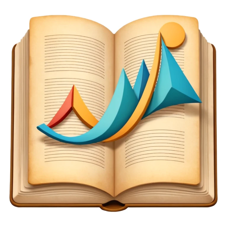 An open book or a stack of books in a simplified form, next to abstract graphs and lines, the image is calm and academic. sticker