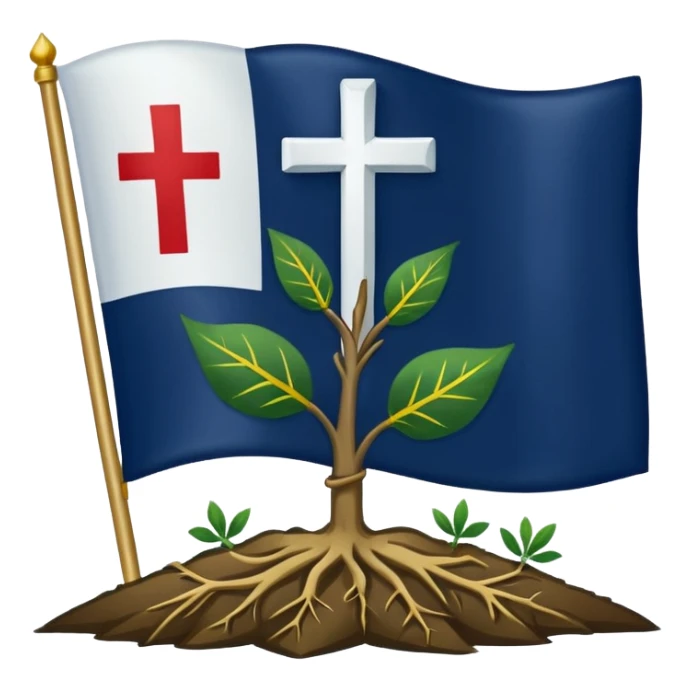 a flag with a Navy blue background with a white cross in the center, roots coming down from the bottom of the cross, a green leaf in the top right corner of the flag, and a slightly dark yellow star rising from behind the cross. sticker
