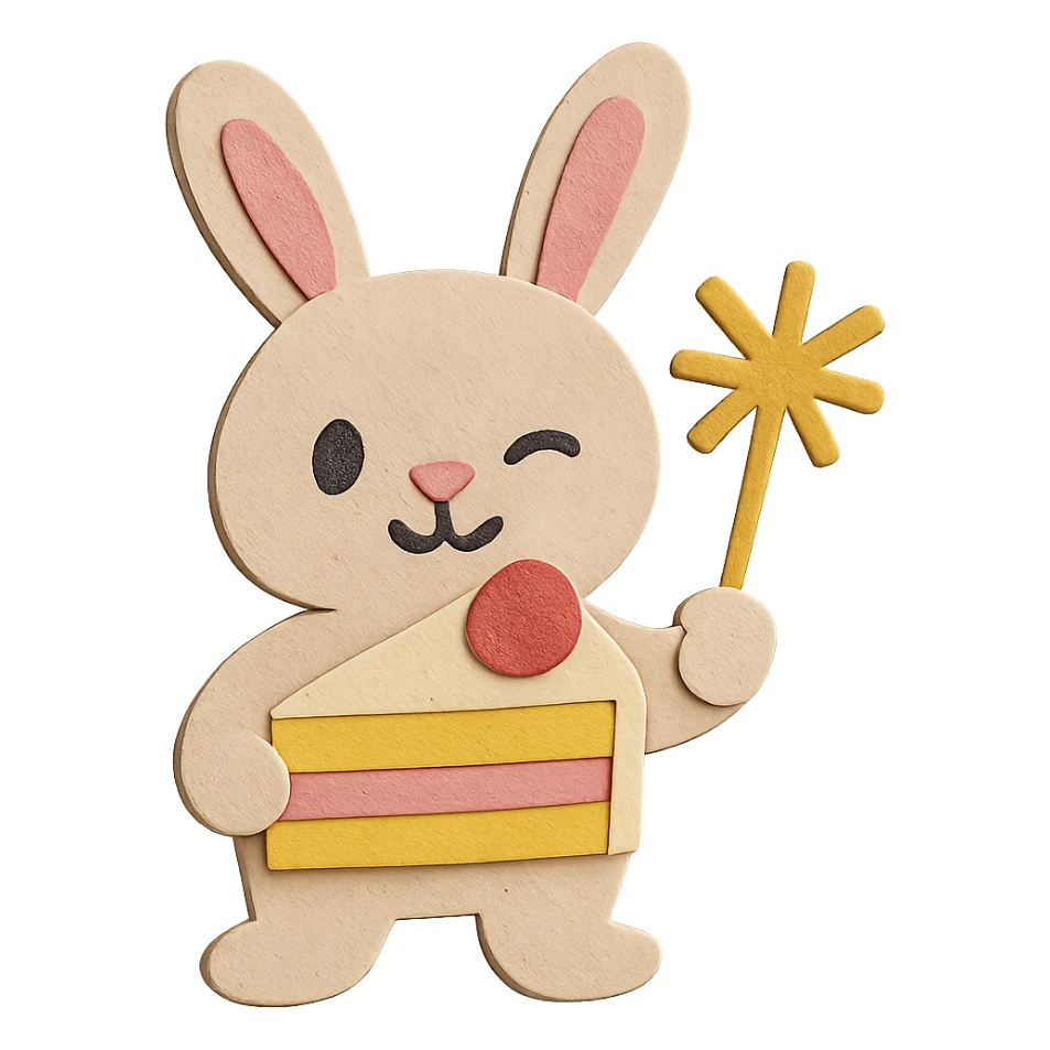 Adjust the bunny's ears so they visually match in shape, size, and style, while keeping the laugh expression, cake slice, sparkler, and paper-craft style unchanged. sticker